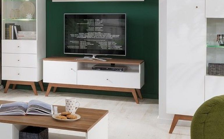 Heda Televizní stolek RTV1D1S, Bílá/modřín sibiu zlatý/bílý lesk