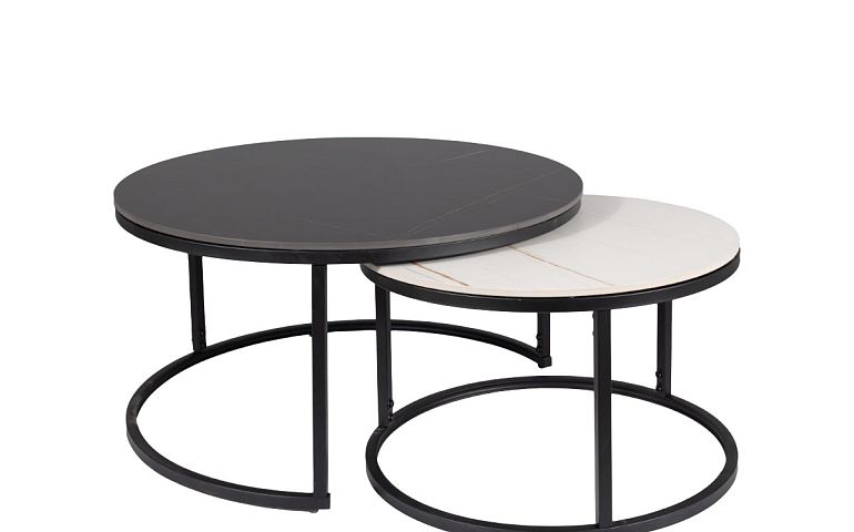 FERANTE A konferenční stolek, kulatý, 2 kusy, mramor/černá/bílá