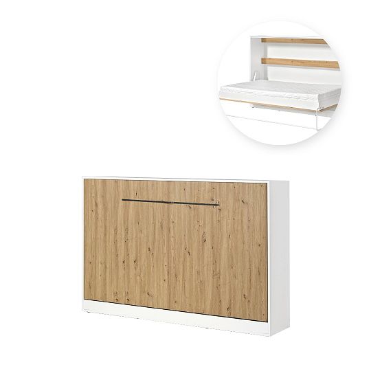 PRESTIGE NEW POZIOM sklopná postel 120 cm, horizontální, skříň a rošt, bílá/dub artisan/úchyt černá