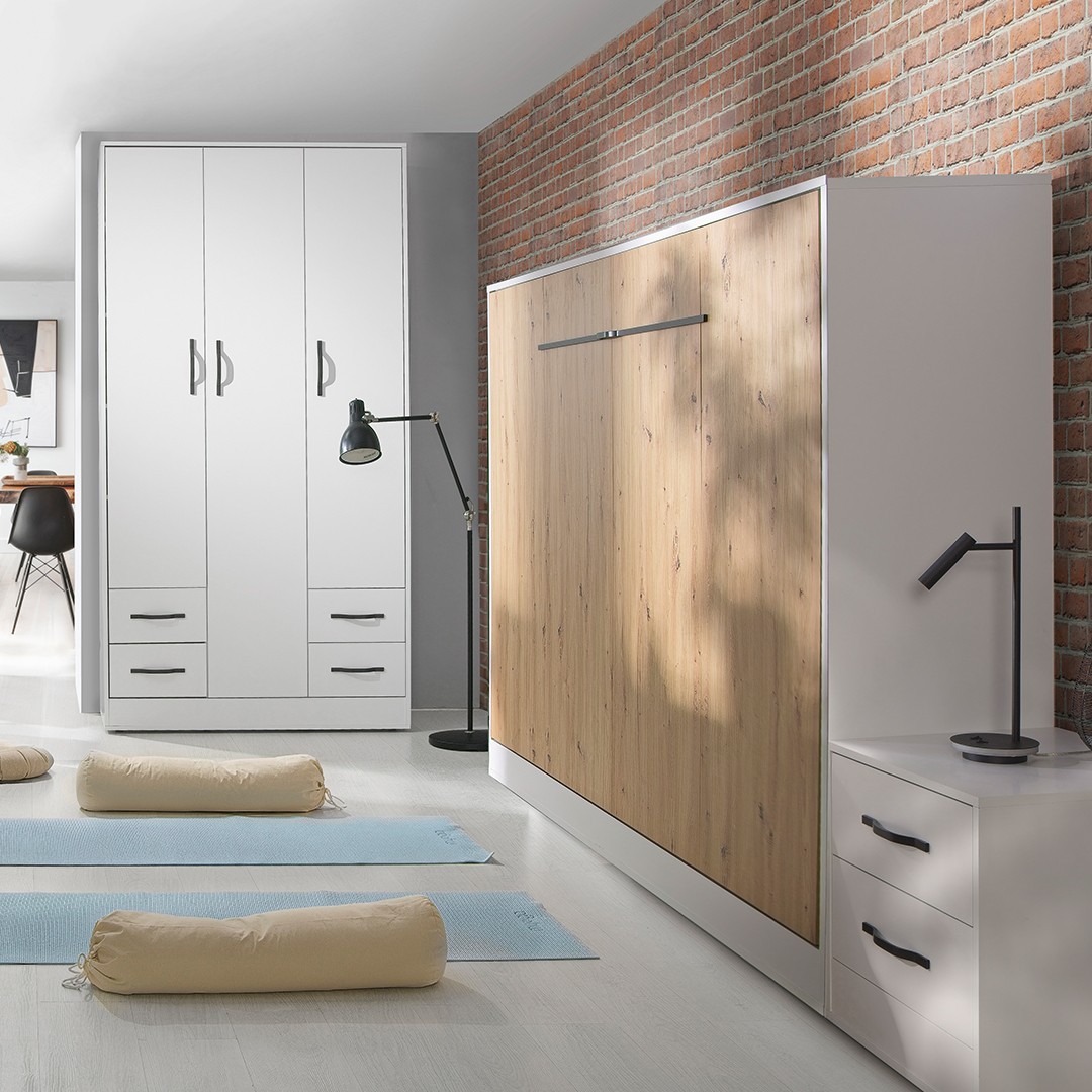 PRESTIGE NEW POZIOM sklopná postel 160 cm, horizontální, skříň a rošt, bílá/dub artisan/úchyt bílá