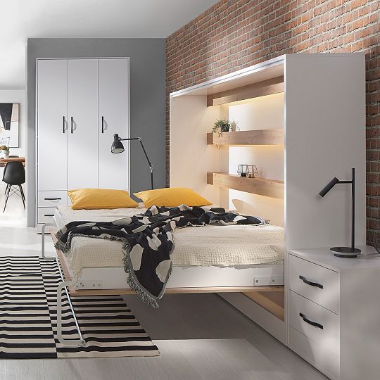 PRESTIGE NEW POZIOM sklopná postel 160 cm, horizontální, skříň a rošt, bílá/dub artisan/úchyt bílá