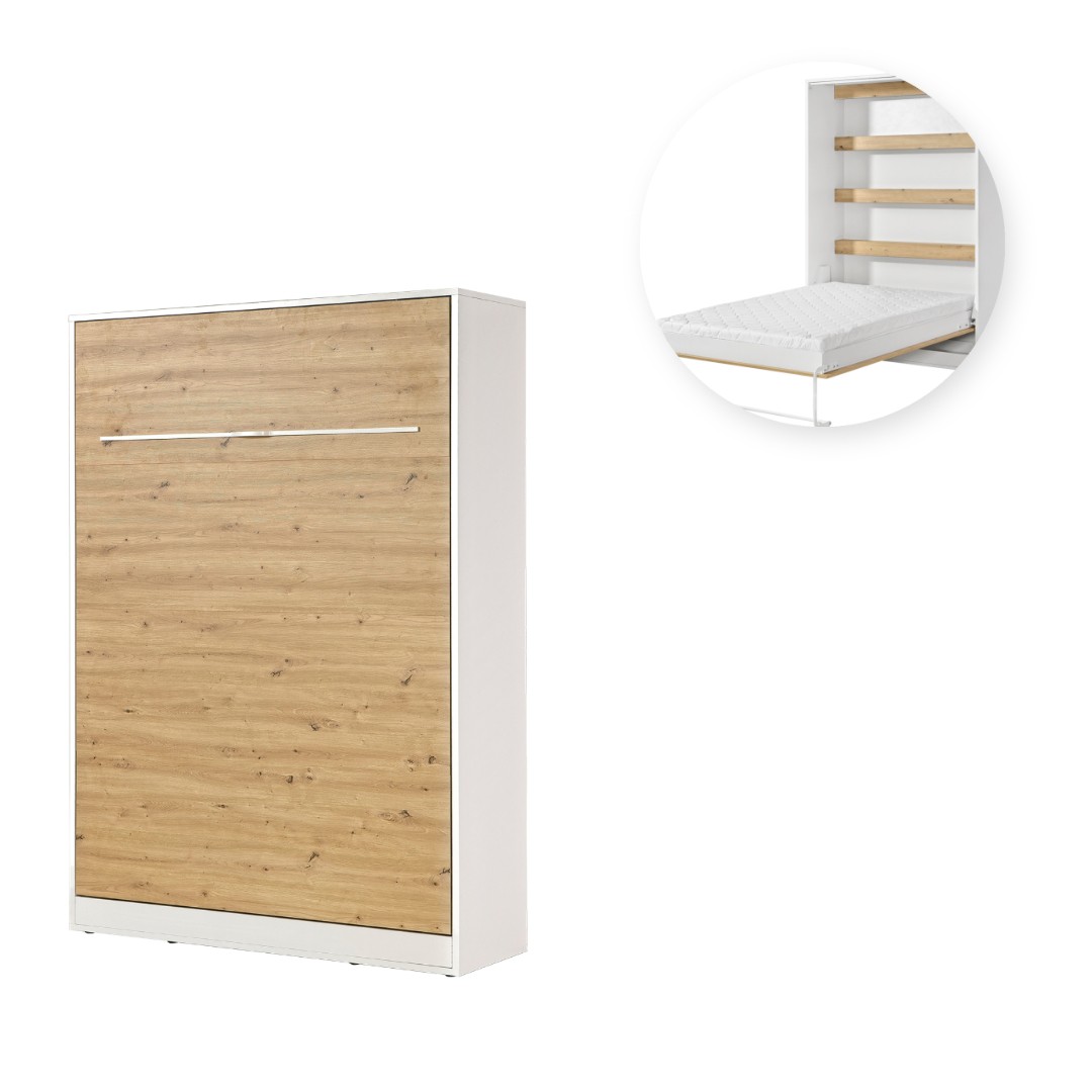 PRESTIGE NEW PION sklopná postel 140 cm, vertikální, skříň a rošt, bílá/dub artisan/úchyt bílá