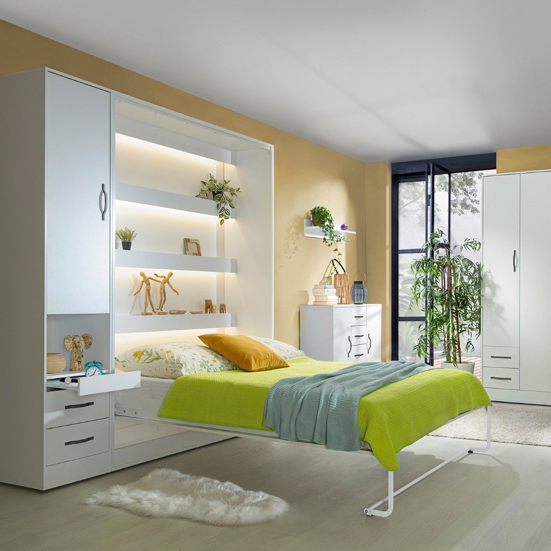 PRESTIGE NEW PION sklopná postel 160 cm, vertikální, skříň a rošt, bílá/bílá/úchyt černá