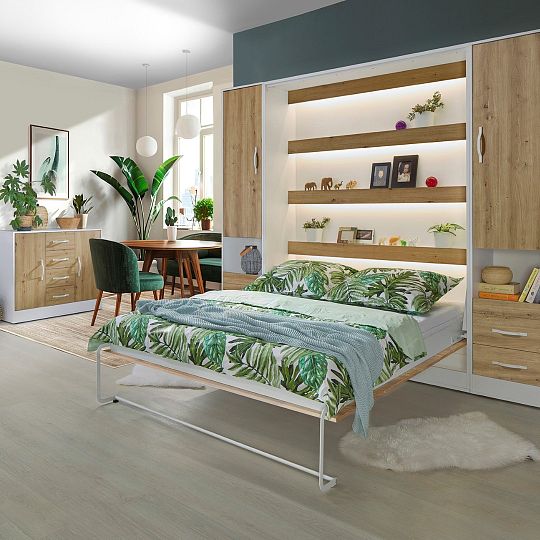 PRESTIGE NEW PION sklopná postel 160 cm, vertikální, skříň a rošt, bílá/dub artisan/úchyt bílá