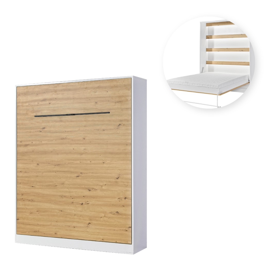 PRESTIGE NEW PION sklopná postel 160 cm, vertikální, skříň a rošt, bílá/dub artisan/úchyt černá