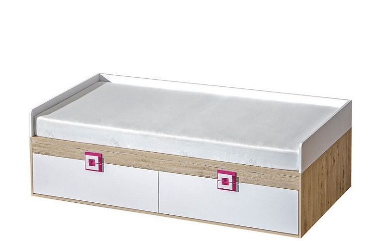 NIKOS 14 postel 90 + úložný prostor, bílá/dub jasný - úchytka růžová