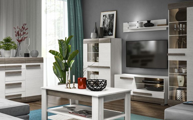 BERNIS 10 televizní stolek, borovice bílá/borovice bílá/šedá