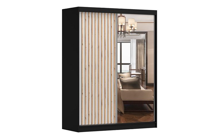 LAMESA B šatní skříň se zrcadlem 150, černá/bílá/dub/zrcadlo