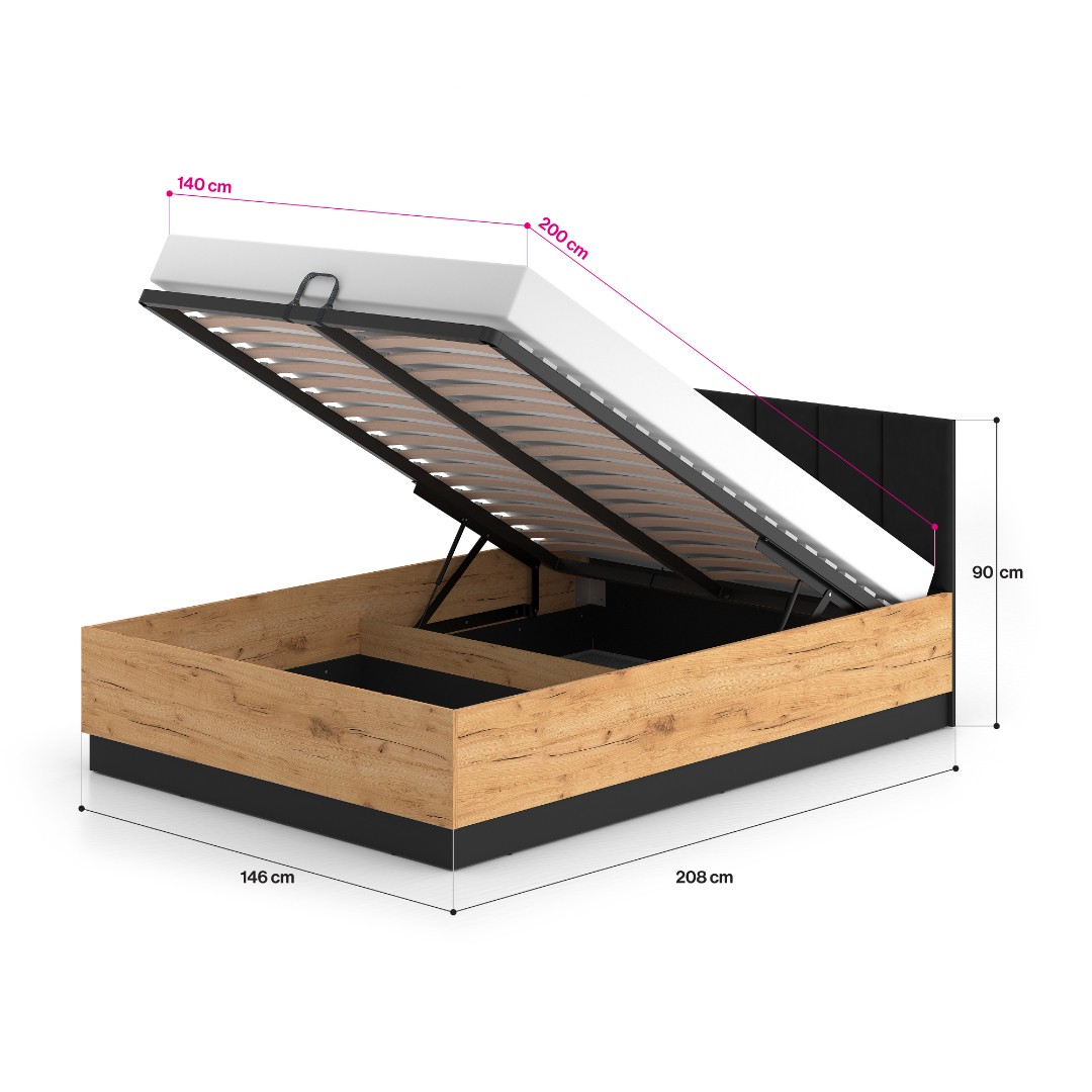 ODESSA 1301 postel 140 cm + rošt a úložný prostor, dub craft zlatý/černý velur