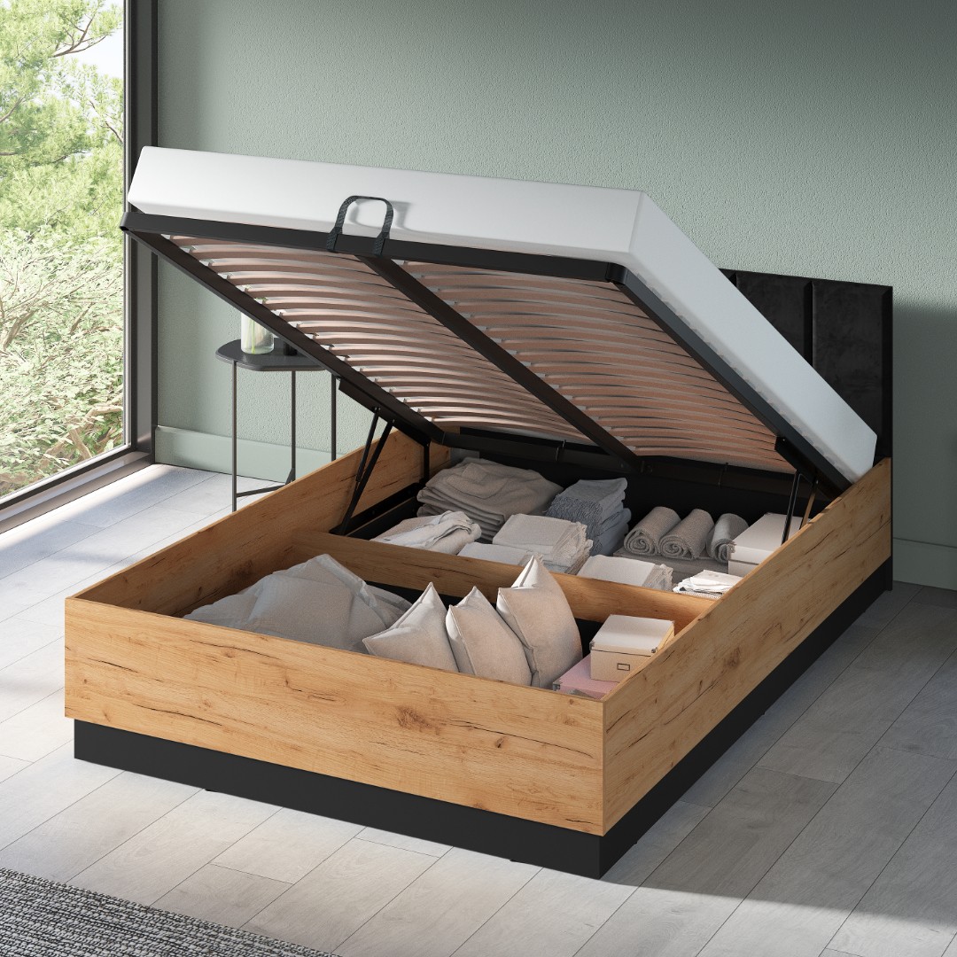 ODESSA 1401 postel 160 cm + rošt a úložný prostor, dub craft zlatý/černý velur