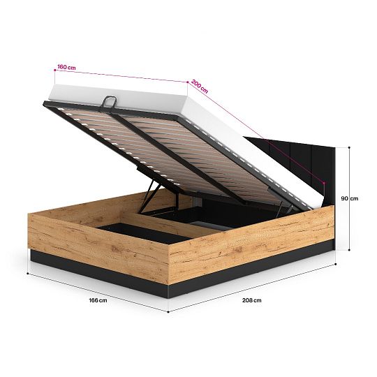 ODESSA 1401 postel 160 cm + rošt a úložný prostor, dub craft zlatý/černý velur