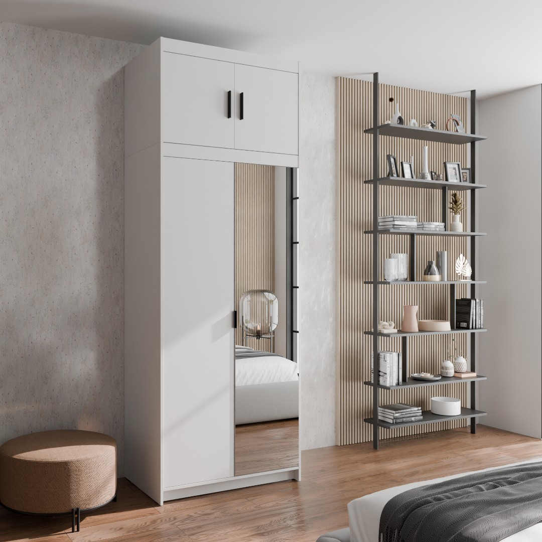 EVERLY 1D1LN šatní skříň + zrcadlo + nástavce, bílá