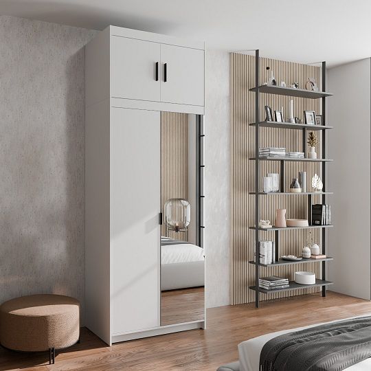 EVERLY 1D1LN šatní skříň + zrcadlo + nástavce, bílá