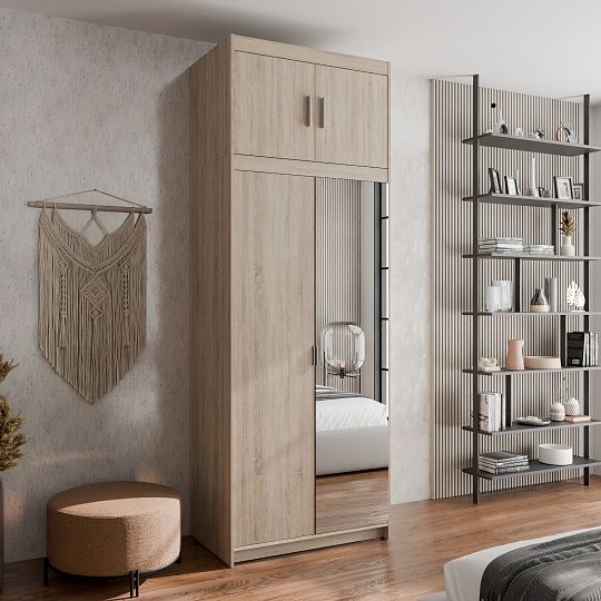 EVERLY 1D1LN šatní skříň + zrcadlo + nástavce, dub sonoma