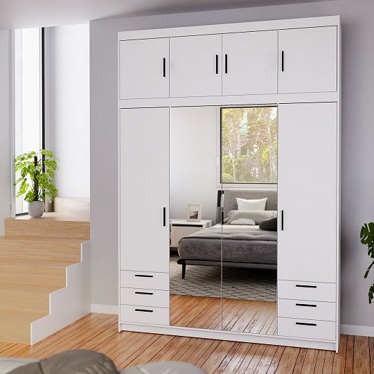 EVERLY 2D2L6SN šatní skříň + nástavec + zrcadlo, bílá