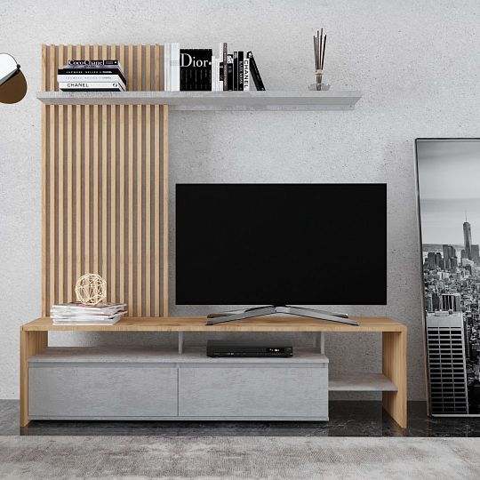 NELIS II obývací stěna, dub craft/beton světlý
