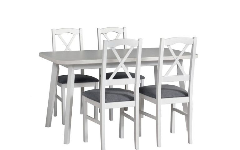 MILÉNIUM 6 jídelní set stůl + 4 židle, bílá borovice andersen/látka světle šedá