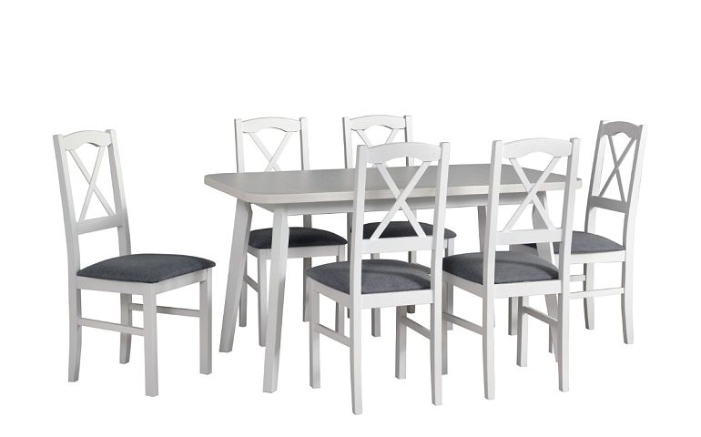 MILÉNIUM 6 jídelní set stůl + 6 židlí, bílá borovice andersen/látka světle šedá